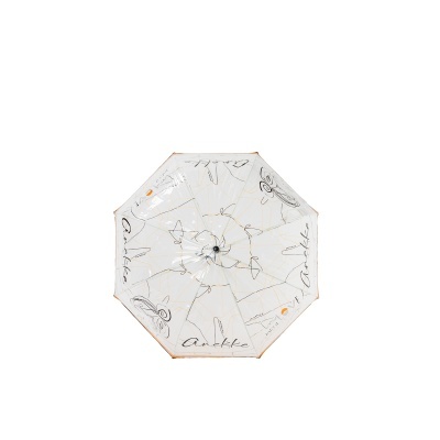 Guarda-chuva transparente com padrão amarelo e preto e texto Anekke