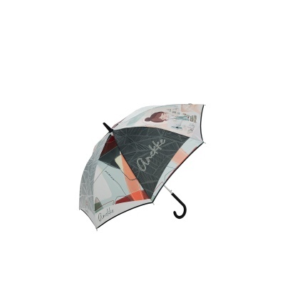 Guarda-chuva colorido com padrão geométrico e ilustração de menina