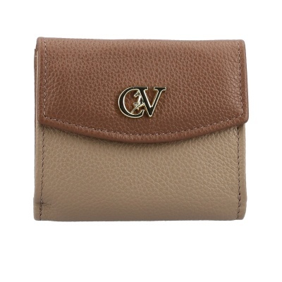 Carteira pequena em pele castanha e bege com detalhe metálico CV