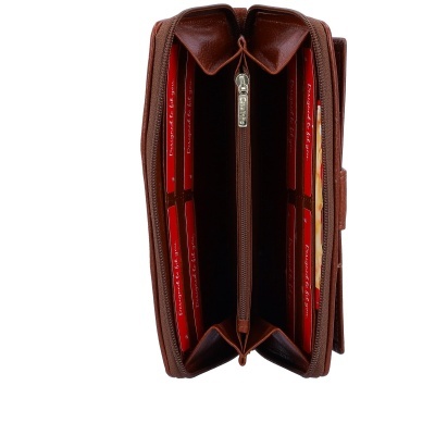 Carteira castanha em pele com interior vermelho e fecho central