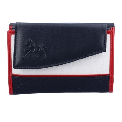 Carteira azul escuro, branca e vermelha com relevo de cavalo na aba