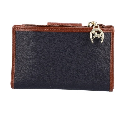 Carteira preta com bordas castanhas e pendente metálico dourado