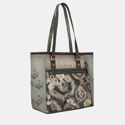 Mala de ombro Anekke cinzenta e castanha com padrão abstracto e logótipo metálico