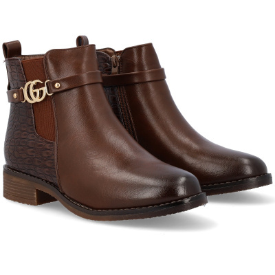Botas castanhas de cano curto com detalhes dourados e textura imitação pele de crocodilo