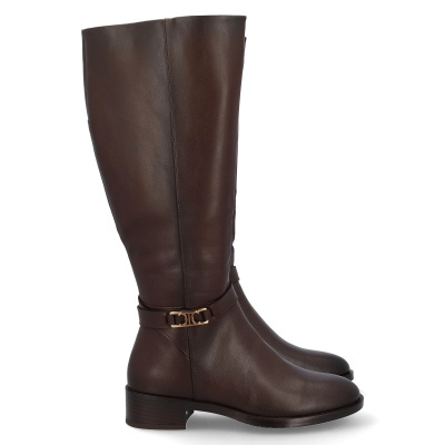 Botas altas de couro castanho escuro com fivela dourada