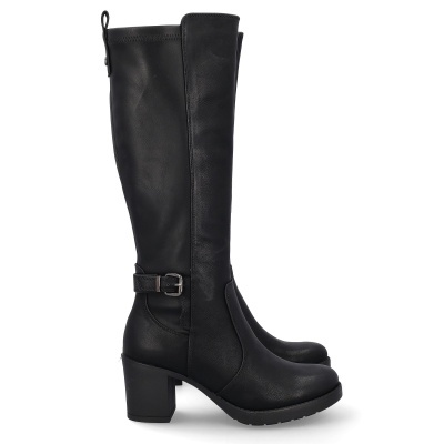 Botas pretas femininas até ao joelho com salto médio e fivela lateral