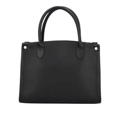 Mala preta de mão com alças duplas arredondadas e acabamento metálico