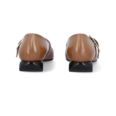 Par de sapatos baixos castanhos com fivela dourada vistos de trás