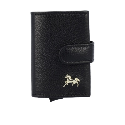 Carteira preta de pele com fecho e detalhe dourado cavalo