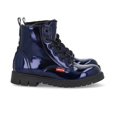 Botas altas de verniz azul escuro com atacadores e sola preta