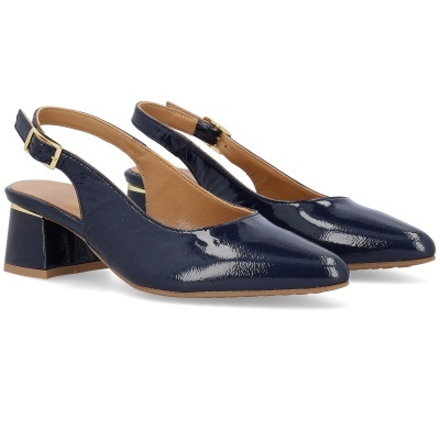 Sandálias de senhora em verniz azul escuro com salto quadrado e tira ajustável