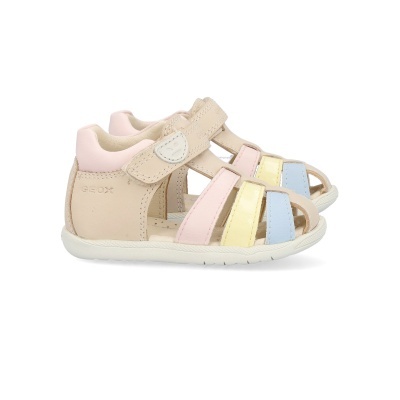 Sandálias infantis GEOX bege com tiras rosa, amarelo e azul