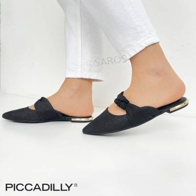 Mules pretas Piccadilly com laço e salto baixo