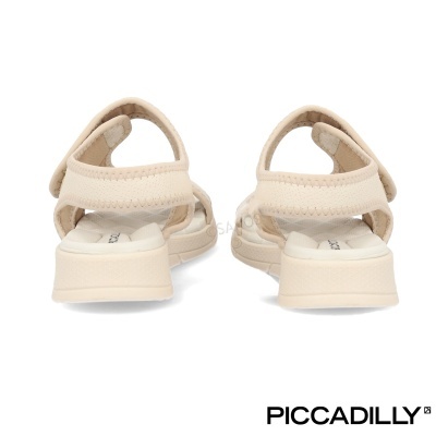 Sandálias bege claras com tiras em velcro e salto médio bloco vistas de trás