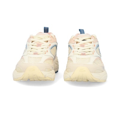 Sapatilhas desportivas em tons creme, bege, azul claro e rosa pastel