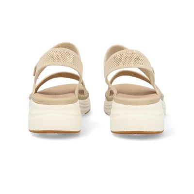 Sandálias femininas bege com sola branca vistas de trás