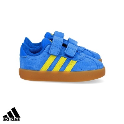 Sapatilhas Adidas infantis azuis com riscas amarelas e sola castanha