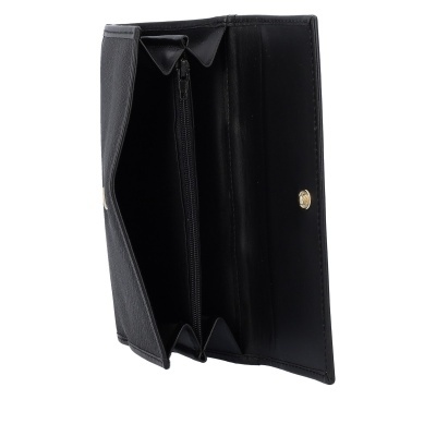 Carteira preta em couro aberta com fecho e divisórias