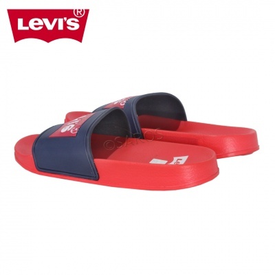 Chinelos Levi's vermelhos com tira azul escura e logótipo Levi's