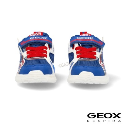 Sapatilhas infantis Marvel Geox azul, branco e vermelho com atacadores e velcro