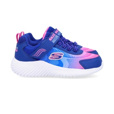 Tênis infantil Skechers azul, rosa e branco com velcro