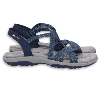 Sandálias Skechers azuis com tiras elásticas cruzadas e sola cinza