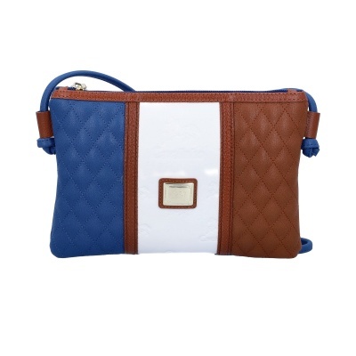 Bolsa pequena azul, branca e castanha acolchoada com fecho de correr