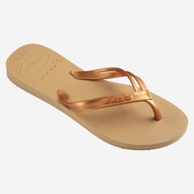 Chinelo feminino bege com tiras metálicas bronze Havaianas
