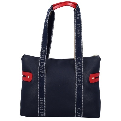 Mala azul escura com alças azuis com letras brancas e detalhes vermelhos.