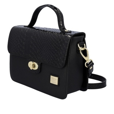Mala de mão preta com textura e fecho dourado