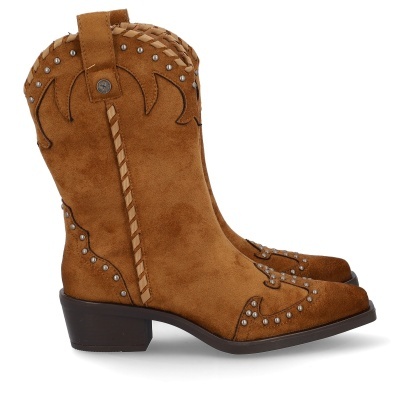 Botins senhora camurça castanha tipo cowboy com tachas e salto