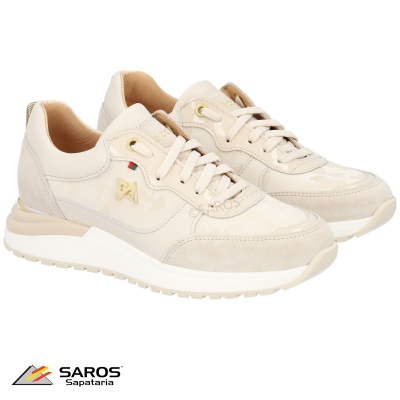 Sapatilhas desportivas bege com detalhes em camurça e couro, atacadores, sola branca e logótipo dourado