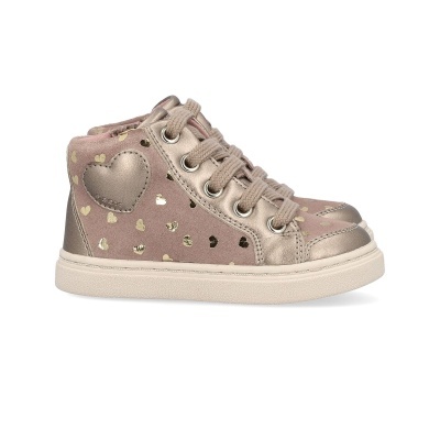 Ténis infantis altos rosa com corações dourados e detalhe de coração metálico