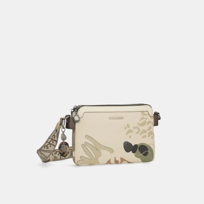 Carteira creme com padrão abstrato e alça larga decorada