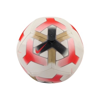 Bola de futebol branca com padrões em vermelho, dourado e preto e logótipo Nike.