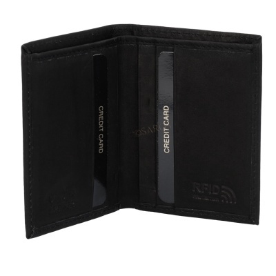 Carteira preta em couro aberto mostrando compartimentos e texto RFID PROTECTION