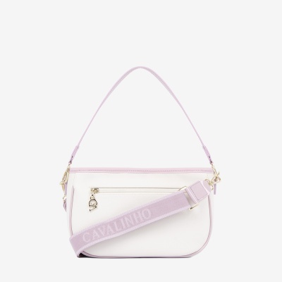 Mala branca com detalhes lilás e alça com texto CAVALINHO