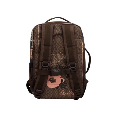 Mochila castanha com padrão, alças acolchoadas e texto Anekke