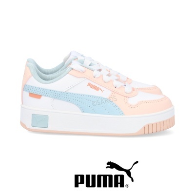 Tênis desportivo Puma branco, azul claro e rosa pastel com sola grossa branca