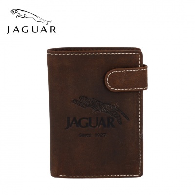 Carteira de pele castanha com logótipo Jaguar e fecho de aba