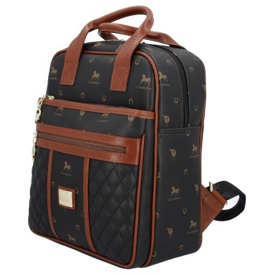 Mochila preta com padrão castanho e detalhes em couro