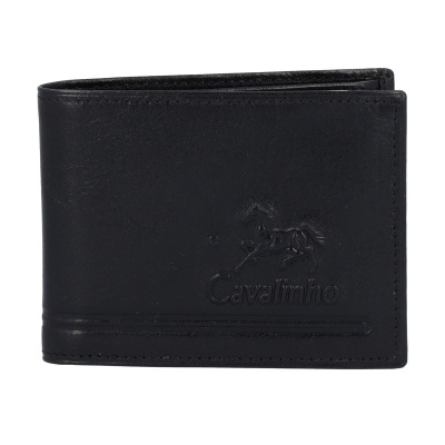 Carteira preta em couro com relevo de cavalo e texto Cavalinho
