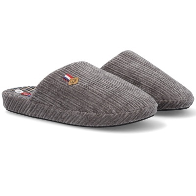 Pantufas cinzentas em veludo cotelê com sola preta e aba tricolor