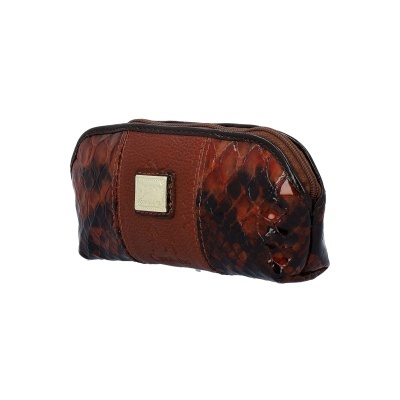 Necessaire pequena castanha com padrão pele de cobra e placa dourada Santini