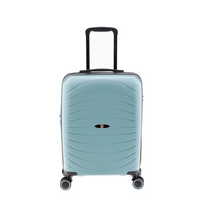 Mala de viagem rígida azul claro com puxador e rodas