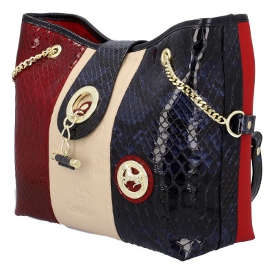 Mala de ombro tricolor com padrão pele de cobra e detalhes dourados