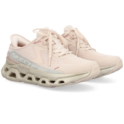 Ténis Skechers Glide-Step bege claro com sola grossa e logo cinzento