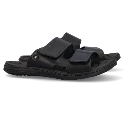 Chinelos masculinos pretos em pele com tiras ajustáveis e sola preta