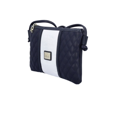 Mala pequena azul escuro com faixa branca e detalhe metálico ao centro