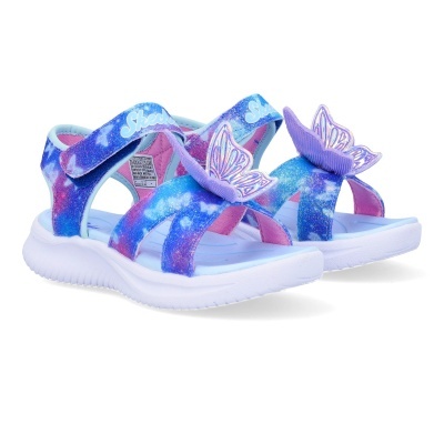 Sandálias infantis Skechers azul e rosa com borboletas lilás e sola branca